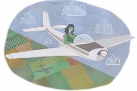 illustration of Susan Oliver ’53 flying a plane